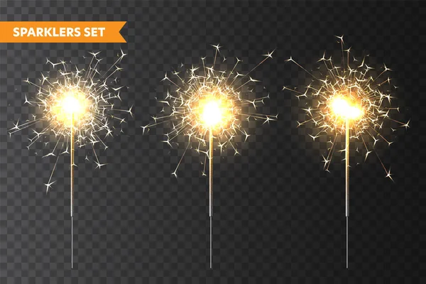 Colección realista de bengalas navideñas sobre fondo transparente. Efecto fuego de Bengala. Fuegos artificiales festivos brillantes con chispas. Decoración de Año Nuevo. Vela centelleante ardiente. Ilustración vectorial . — Vector de stock