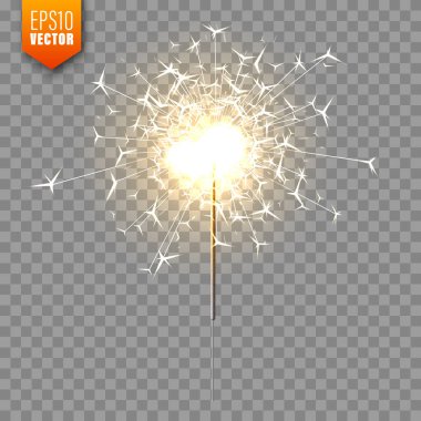 Şeffaf arkaplanda gerçekçi bir Noel havai fişeği. Bengal ateşi etkisi. Kıvılcımlı neşeli, parlak havai fişekler. Yeni yıl süsü. Parlayan parlak mum. Vektör illüstrasyonu.