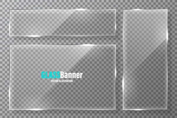 Colección de marcos de vidrio. Banner de vidrio transparente realista con resplandor. Elemento de diseño vectorial . — Vector de stock