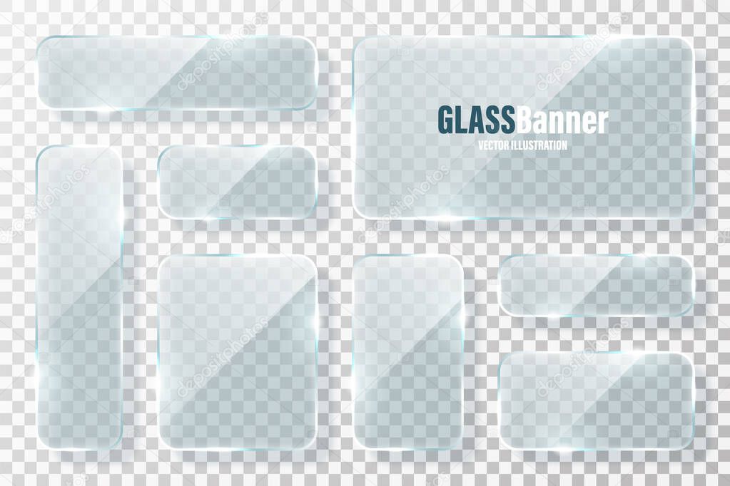 Glass frames collection. Realistic transparent glass banner with glare. Vector design element.