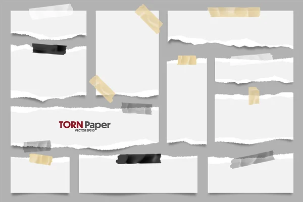Coleção de tiras de papel rasgado branco. Sucata de papel realista com bordas rasgadas e fita adesiva. Notas pegajosas, pedaços de páginas de cadernos. Ilustração vetorial . — Vetor de Stock