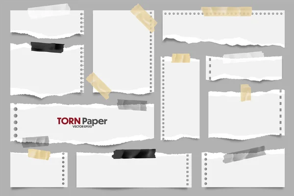 白い紙のストリップコレクション。引き裂かれた端および接着テープが付いている現実的なペーパースクラップ。付箋、ノートブックページの破片。ベクターイラスト. — ストックベクタ