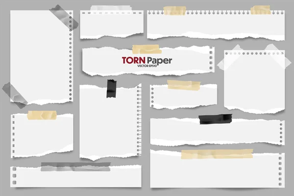 Коллекция белых разорванных бумажных полосок. Реалистичные клочки бумаги с разорванными краями и клейкой лентой. Липкие заметки, клочки страниц блокнота. Векторная иллюстрация . — стоковый вектор