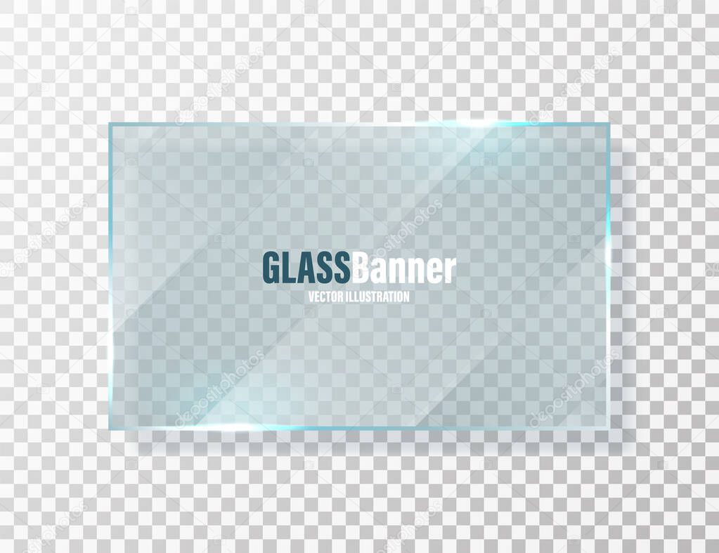 Shining glass frame. Realistic transparent glass banner with glare. Vector design element.