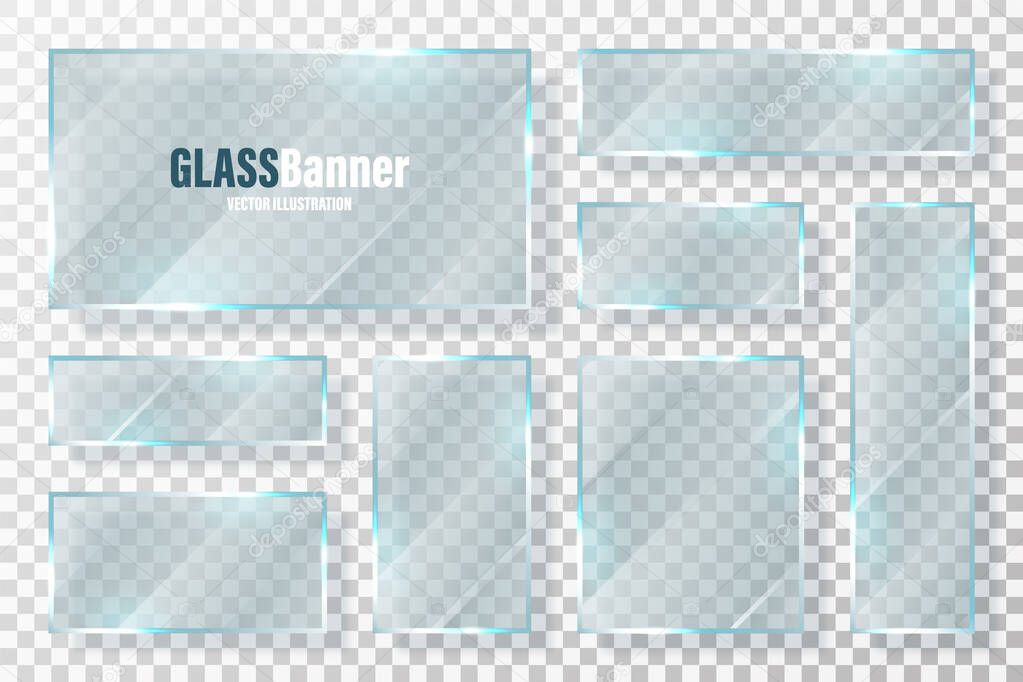 Glass frames collection. Realistic transparent glass banner with glare. Vector design element.