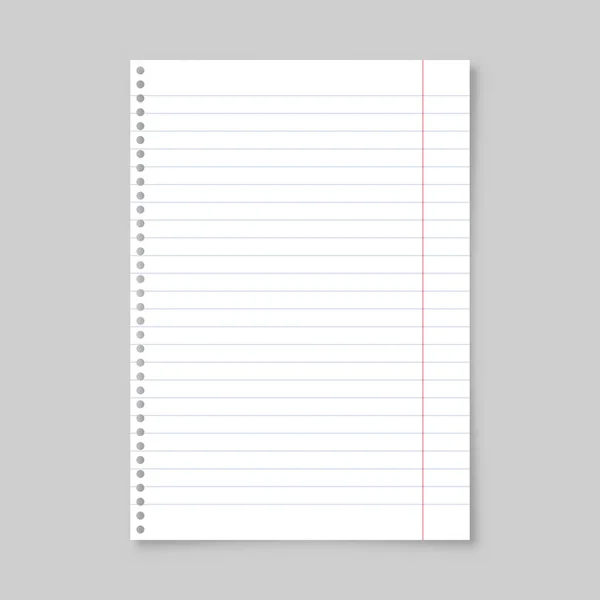 Realistic blank lined paper sheet with shadow in A4 format isolated on gray background. Notebook or book page. Design template or mockup. Vector illustration. — Stock Vector