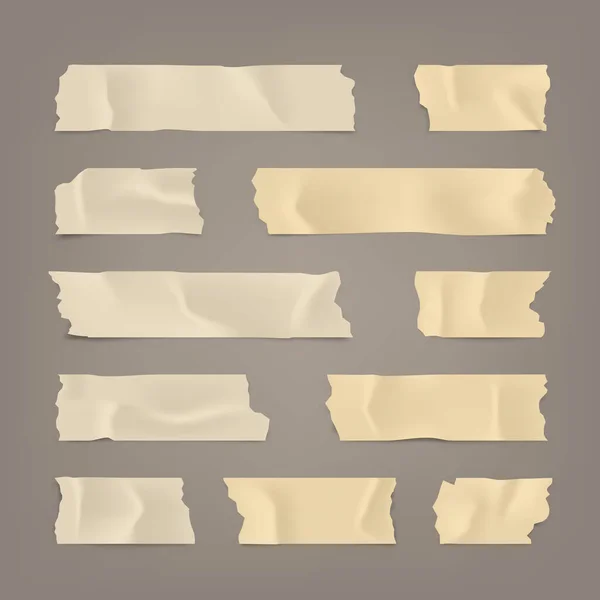 Ensemble de ruban adhésif réaliste. scotch collant, bandes de papier conduit sur fond brun. Illustration vectorielle . — Image vectorielle