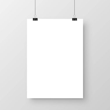 A4 formatında gölgesi ve siyah ataçı ile gri arkaplanda klasörü olan gerçekçi boş kağıt kağıtlar. Tasarım posteri, şablon ya da maket. Vektör illüstrasyonu.