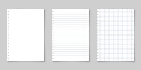 Realistic blank lined paper sheet with shadow in A4 format isolated on gray background collection. Notebook or book page. Design template or mockup. Vector illustration. — Stock Vector