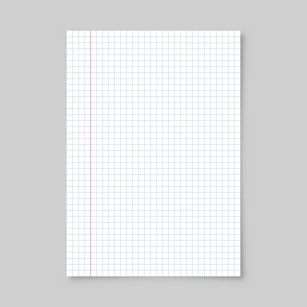 Realistische blanco gevoerd papier vel met schaduw in A4-formaat geïsoleerd op grijze achtergrond. Notitieboek of boekpagina. Ontwerp sjabloon of model. Vectorillustratie. — Stockvector