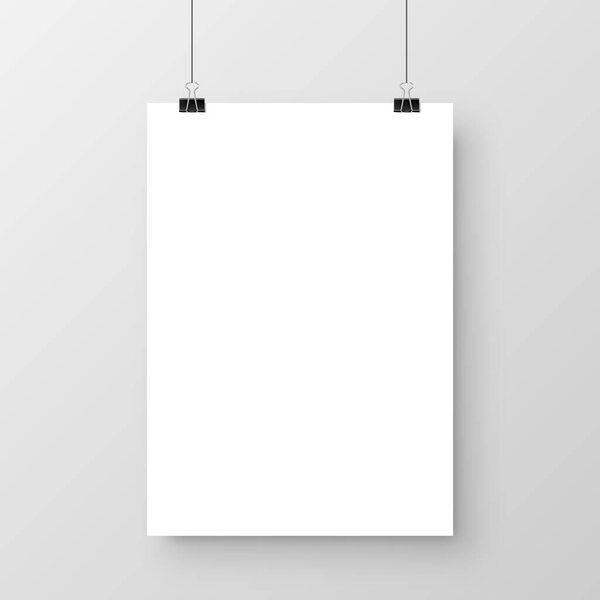 Realistic hanging blank paper sheet with shadow in A4 format and black paper clip, binder on gray background. Design poster, template or mockup. Vector illustration.