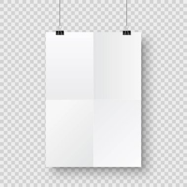 A4 formatında gölgesi ve siyah atacı olan boş kâğıt levha, kareli arkaplanda klasör. Tasarım posteri, şablon ya da maket. Vektör illüstrasyonu.