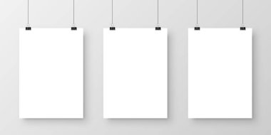 A4 formatında gölgesi ve siyah ataçı ile gri arkaplanda klasörü olan gerçekçi boş kağıt kağıtlar. Tasarım posteri, şablon ya da maket. Vektör illüstrasyonu.