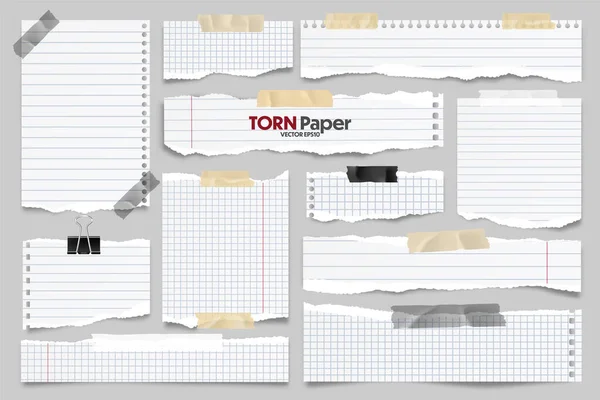 Коллекция белых рваных полосок. Реалистичные клочки бумаги с разорванными краями и клейкой лентой. Липкие заметки, клочки страниц блокнота. Векторная иллюстрация . — стоковый вектор