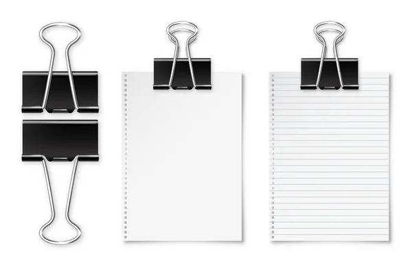 Realistisches Blankopapier mit Schatten im Format a4 und schwarzer Büroklammer, Bindemittel isoliert auf weißem Hintergrund. Design-Vorlage oder Attrappe. Vektorillustration. — Stockvektor