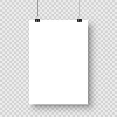 A4 formatında gölgesi ve siyah atacı olan boş kâğıt levha, kareli arkaplanda klasör. Tasarım posteri, şablon ya da maket. Vektör illüstrasyonu.