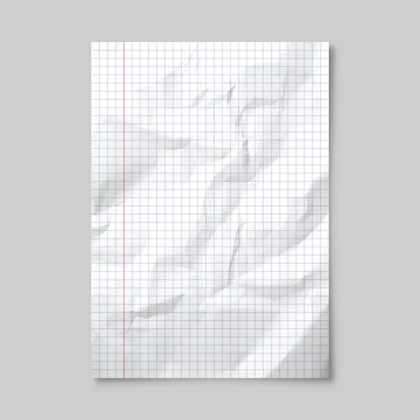 Hoja de papel arrugada en blanco realista con sombra en formato A4 aislada sobre fondo gris. Cuaderno o página del libro. Plantilla de diseño o maqueta. Ilustración vectorial . — Archivo Imágenes Vectoriales