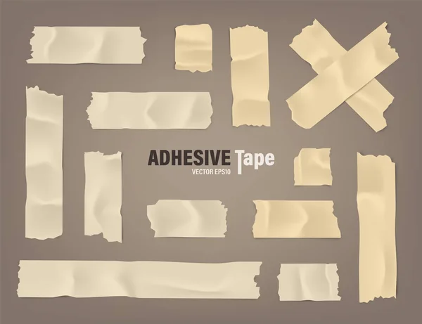 Realistic adhesive tape set. Sticky scotch, duct paper strips on brown background. Vector illustration. — Stock Vector