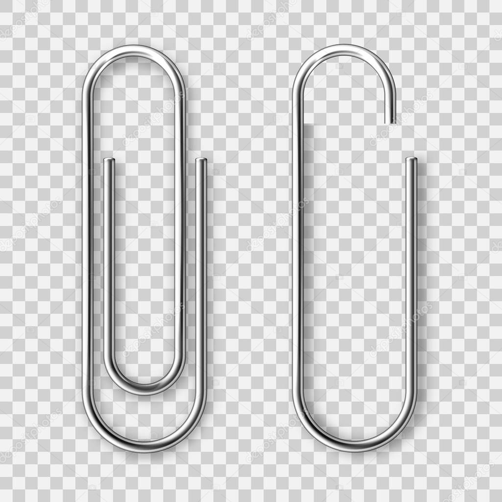 Realistic metal paper clip isolated on transparent background. Page holder, binder. Vector illustration.