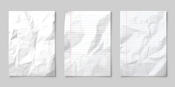 Realistische leere linierte zerknüllte Papierbögen mit Schatten im Format A4 isoliert auf grauem Hintergrund. Notizbuch oder Buchseite. Design-Vorlage oder Attrappe. Vektorillustration. — Stockvektor