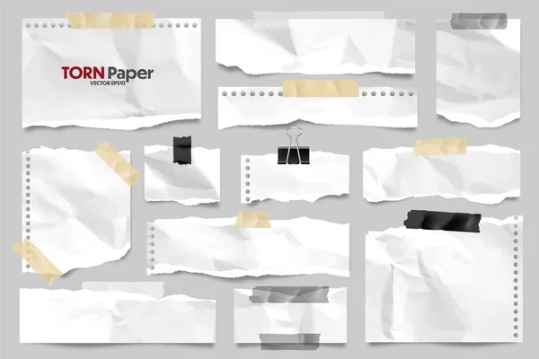 Fehér hasított gyűrött papír csíkok gyűjtemény. Reális papírdarabok szakadt szélekkel és ragasztószalaggal. Ragacsos jegyzetek, jegyzetfüzetek darabkái. Vektorillusztráció. — Stock Vector