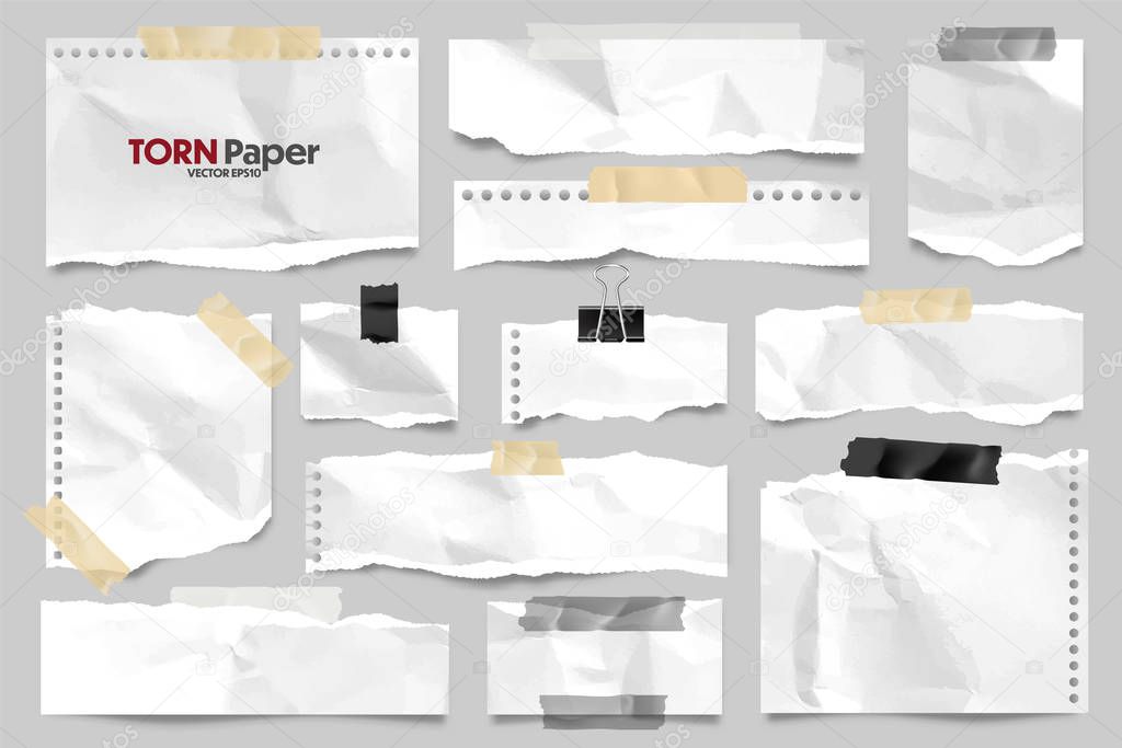 White ripped crumpled paper strips collection. Realistic paper scraps with torn edges and adhesive tape. Sticky notes, shreds of notebook pages. Vector illustration.