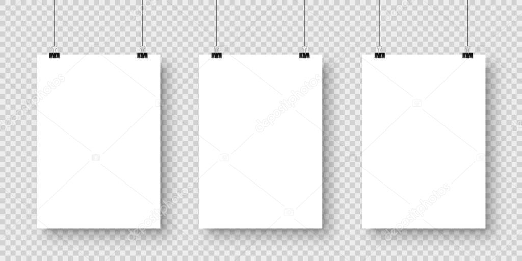 Realistic hanging blank paper sheet with shadow in A4 format and black paper clip, binder on checkered background. Design poster, template or mockup. Vector illustration.