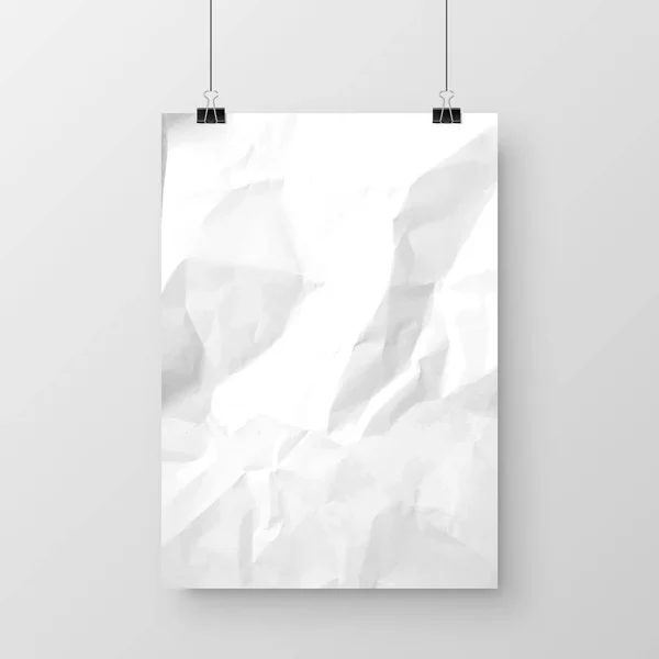 Realistic hanging blank crumpled paper sheet with shadow in A4 format isolated on gray background. Notebook or book page. Design template or mockup. Vector illustration. — Stock Vector