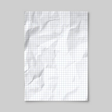 Gri arka planda izole edilmiş, A4 formatında gölgesi olan, buruşuk, gerçekçi, boş kağıt kağıtlar. Defter ya da kitap sayfası. Tasarım şablonu veya maketi. Vektör illüstrasyonu.