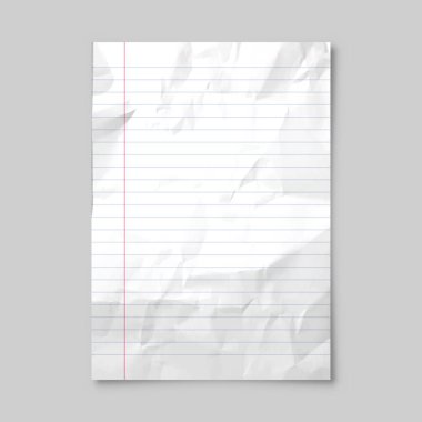 Gri arka planda izole edilmiş, A4 formatında gölgesi olan, buruşuk, gerçekçi, boş kağıt kağıtlar. Defter ya da kitap sayfası. Tasarım şablonu veya maketi. Vektör illüstrasyonu.