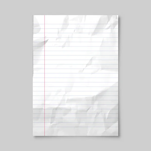 Realistisk blank fodrad skrynklig pappersark med skugga i A4-format isolerad på grå bakgrund. Notebook eller bok sida. Designa mall eller mockup. Vektorillustration. — Stock vektor