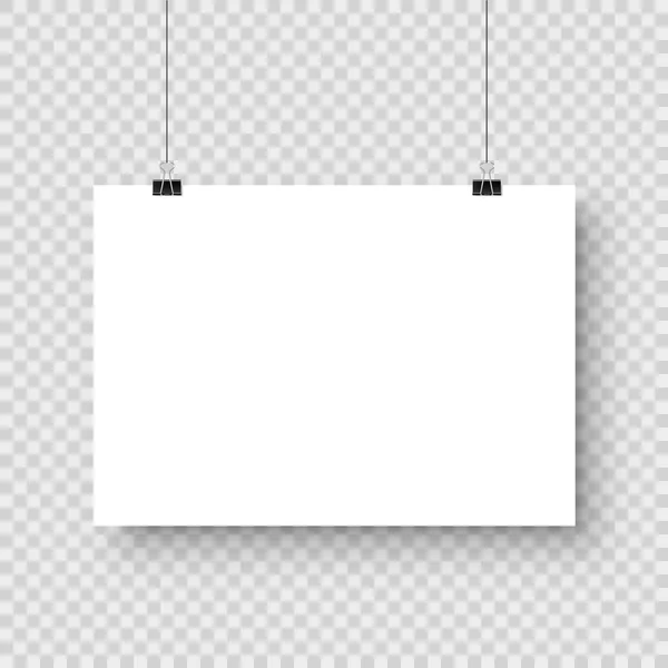 Реалистичный висячий чистый лист бумаги с тенью в формате А4 и черной скрепкой, папка на клетчатом фоне. Плакат, шаблон или макет. Векторная иллюстрация . — стоковый вектор