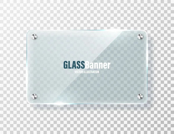 Glazen frame met metalen houder. Realistische transparante glazen banner met verblinding. Mockup design element. Vectorillustratie. — Stockvector