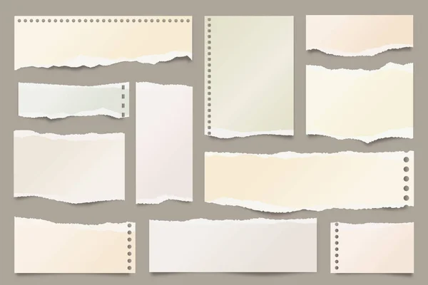 Colección de tiras de papel rasgado blanco. Desechos de papel realistas con bordes rotos. Notas pegajosas, fragmentos de páginas de cuadernos. Ilustración vectorial . — Archivo Imágenes Vectoriales