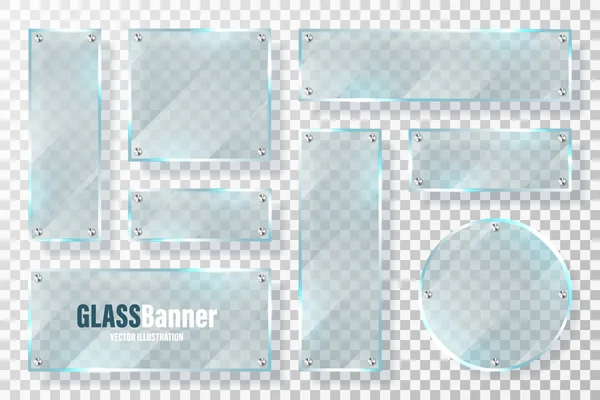 Glazen frames met metalen houder collectie. Realistische transparante glazen banner met verblinding. Mockup design element. Vectorillustratie. — Stockvector