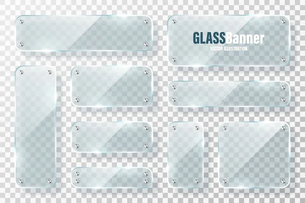 Glazen frames met metalen houder collectie. Realistische transparante glazen banner met verblinding. Mockup design element. Vectorillustratie. — Stockvector