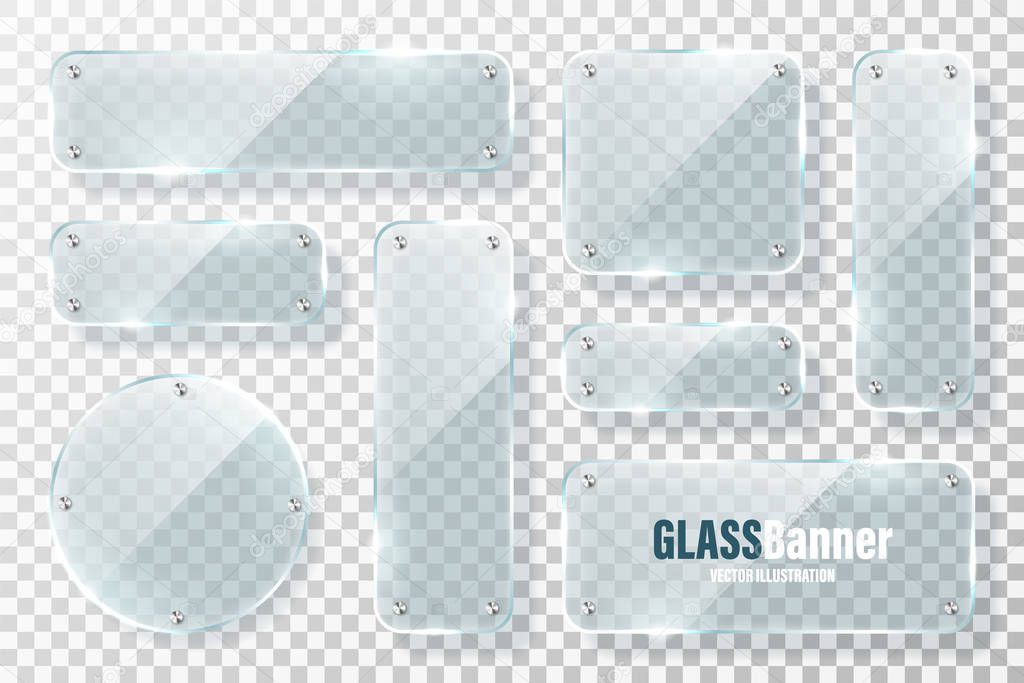 Glass frames with metal holder collection. Realistic transparent glass banner with glare. Mockup design element. Vector illustration.