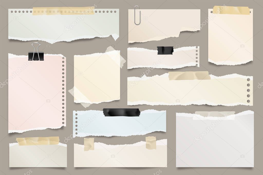 Colored ripped paper strips collection. Realistic paper scraps with torn edges and adhesive tape. Sticky notes, shreds of notebook pages. Vector illustration.