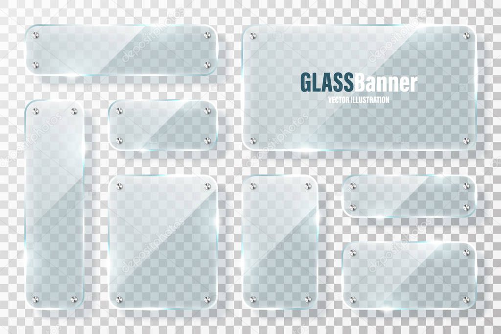 Glass frames with metal holder collection. Realistic transparent glass banner with glare. Mockup design element. Vector illustration.