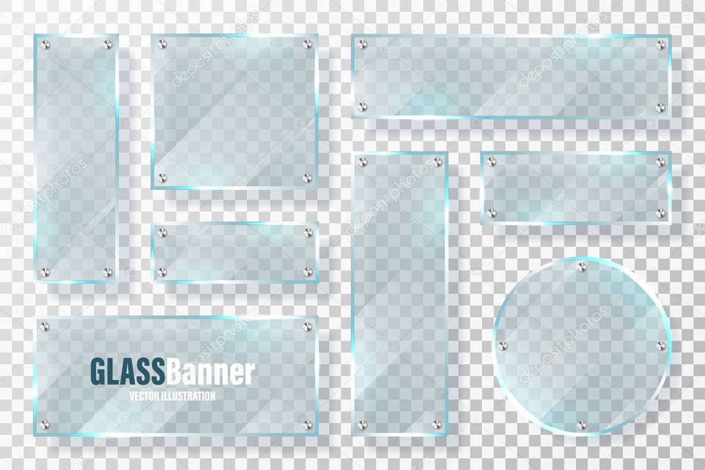 Glass frames with metal holder collection. Realistic transparent glass banner with glare. Mockup design element. Vector illustration.