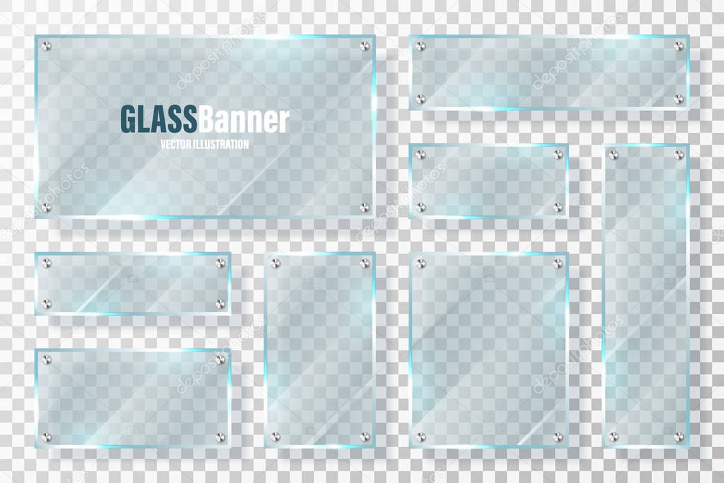 Glass frames with metal holder collection. Realistic transparent glass banner with glare. Mockup design element. Vector illustration.