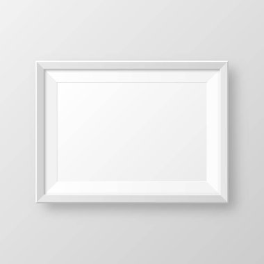 Gri arkaplanda gölgesi olan gerçekçi beyaz resim çerçevesi. Modern poster modeli. Sanat galerisi ya da iç mekan için boş fotoğraf çerçevesi. Vektör illüstrasyonu.