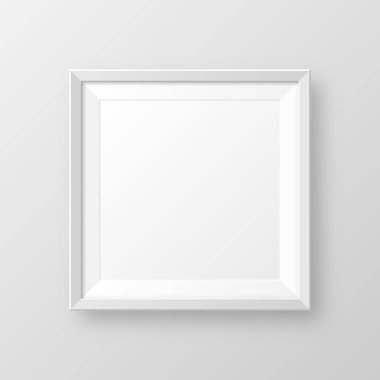 Gri arkaplanda gölgesi olan gerçekçi beyaz resim çerçevesi. Modern poster modeli. Sanat galerisi ya da iç mekan için boş fotoğraf çerçevesi. Vektör illüstrasyonu.