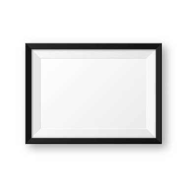 Beyaz arka planda gölgesi olan gerçekçi, boş, siyah bir çerçeve. Modern poster modeli. Sanat galerisi ya da iç mekan için boş fotoğraf çerçevesi. Vektör illüstrasyonu.
