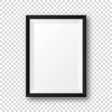 Şeffaf arkaplanda gölgesi olan gerçekçi, boş bir resim çerçevesi. Modern poster modeli. Sanat galerisi ya da iç mekan için boş fotoğraf çerçevesi. Vektör illüstrasyonu.