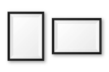 Beyaz arka planda gölgesi olan gerçekçi, boş, siyah bir çerçeve. Modern poster modeli. Sanat galerisi ya da iç mekan için boş fotoğraf çerçevesi. Vektör illüstrasyonu.