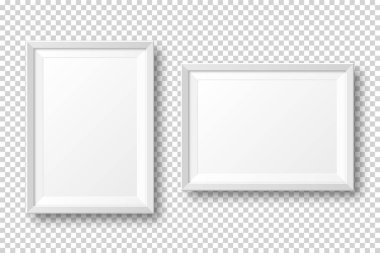 Şeffaf arkaplanda gölgesi olan gerçekçi beyaz resim çerçevesi. Modern poster modeli. Sanat galerisi ya da iç mekan için boş fotoğraf çerçevesi. Vektör illüstrasyonu.