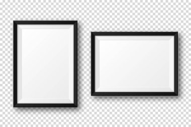 Şeffaf arkaplanda gölgesi olan gerçekçi, boş bir resim çerçevesi. Modern poster modeli. Sanat galerisi ya da iç mekan için boş fotoğraf çerçevesi. Vektör illüstrasyonu.