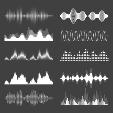 Ses dalgaları koleksiyonu. Analog ve dijital ses sinyali. Müzik eşitleyicisi. Parazit ses kaydı. Yüksek frekanslı radyo dalgası. Vektör illüstrasyonu.
