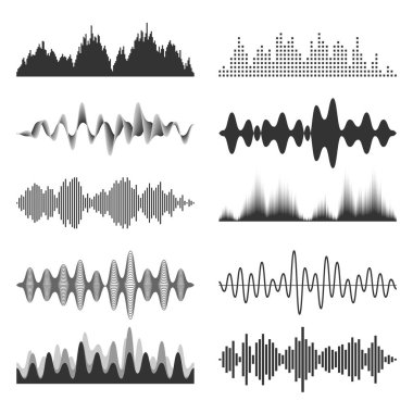 Ses dalgaları koleksiyonu. Analog ve dijital ses sinyali. Müzik eşitleyicisi. Parazit ses kaydı. Yüksek frekanslı radyo dalgası. Vektör illüstrasyonu.